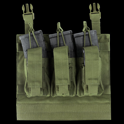 The Condor VAS Kangaroo Mag Panel Gen II features three compartments for black rifle magazines, secured by elastic retention cords—ideal for military or law enforcement use.